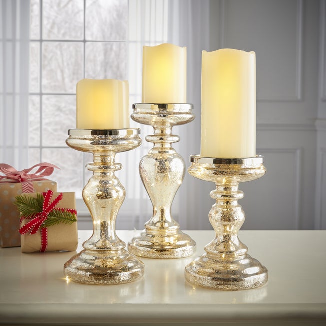 Pre-Lit Mercury Glass Candleholders, Set of 3 image number null