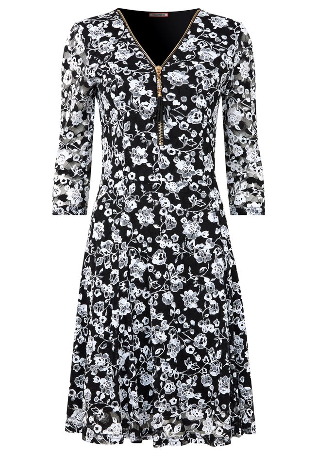 Lace Zip V-Neck Midi Dress image number 1