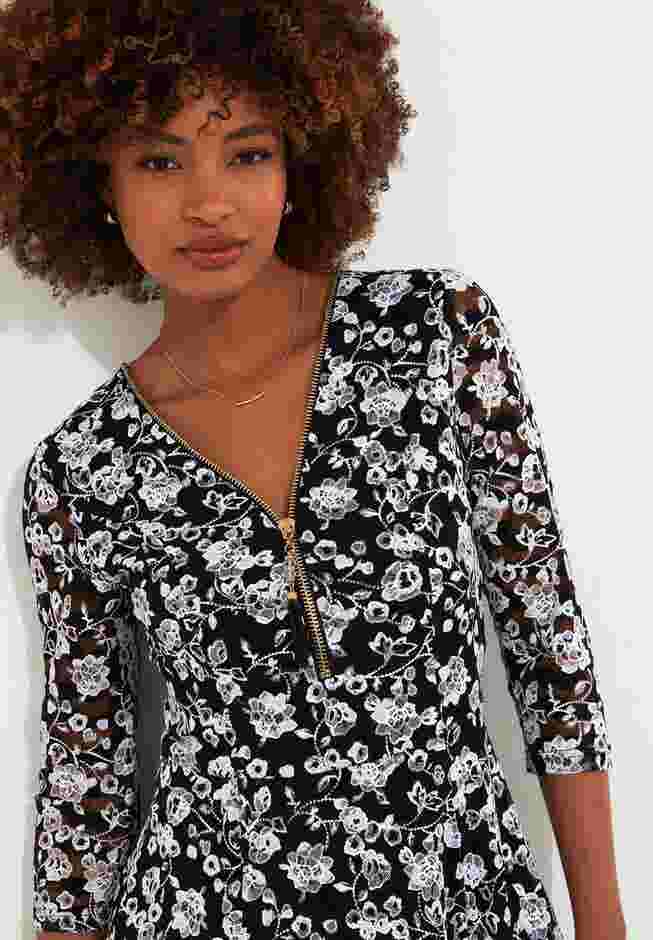 Lace Zip V-Neck Midi Dress image number 3