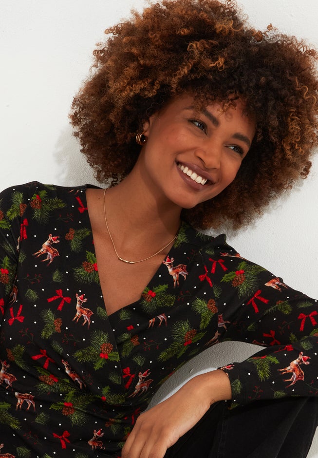 Stretch Knit Festive Wrap Top image number 5