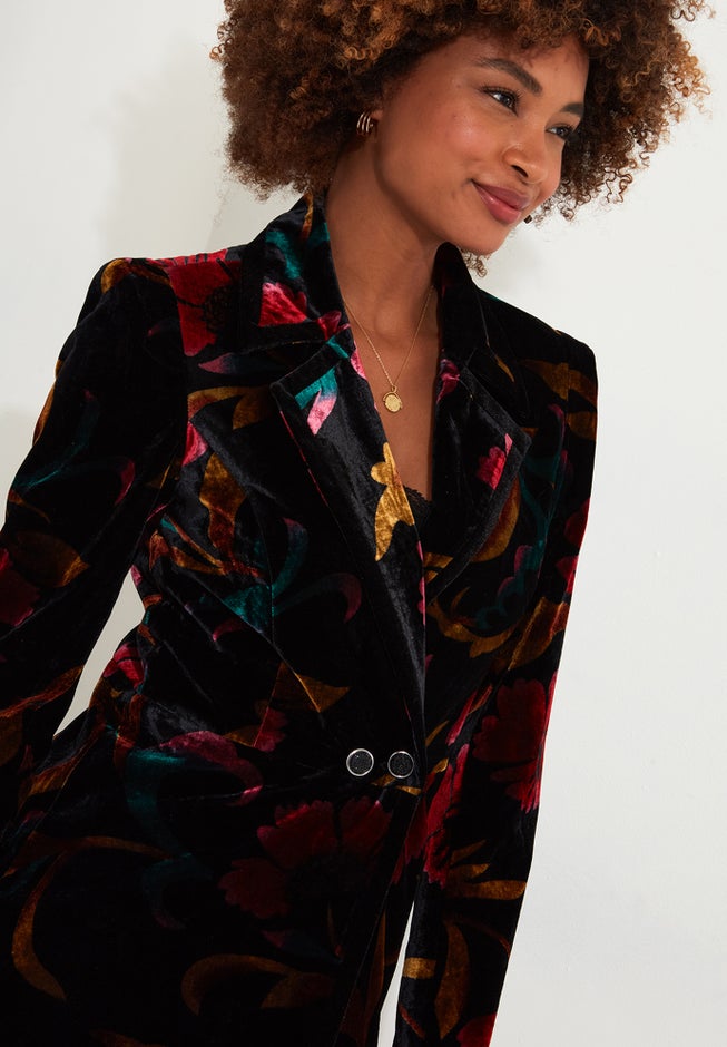 Longline Floral Velvet Blazer image number 3