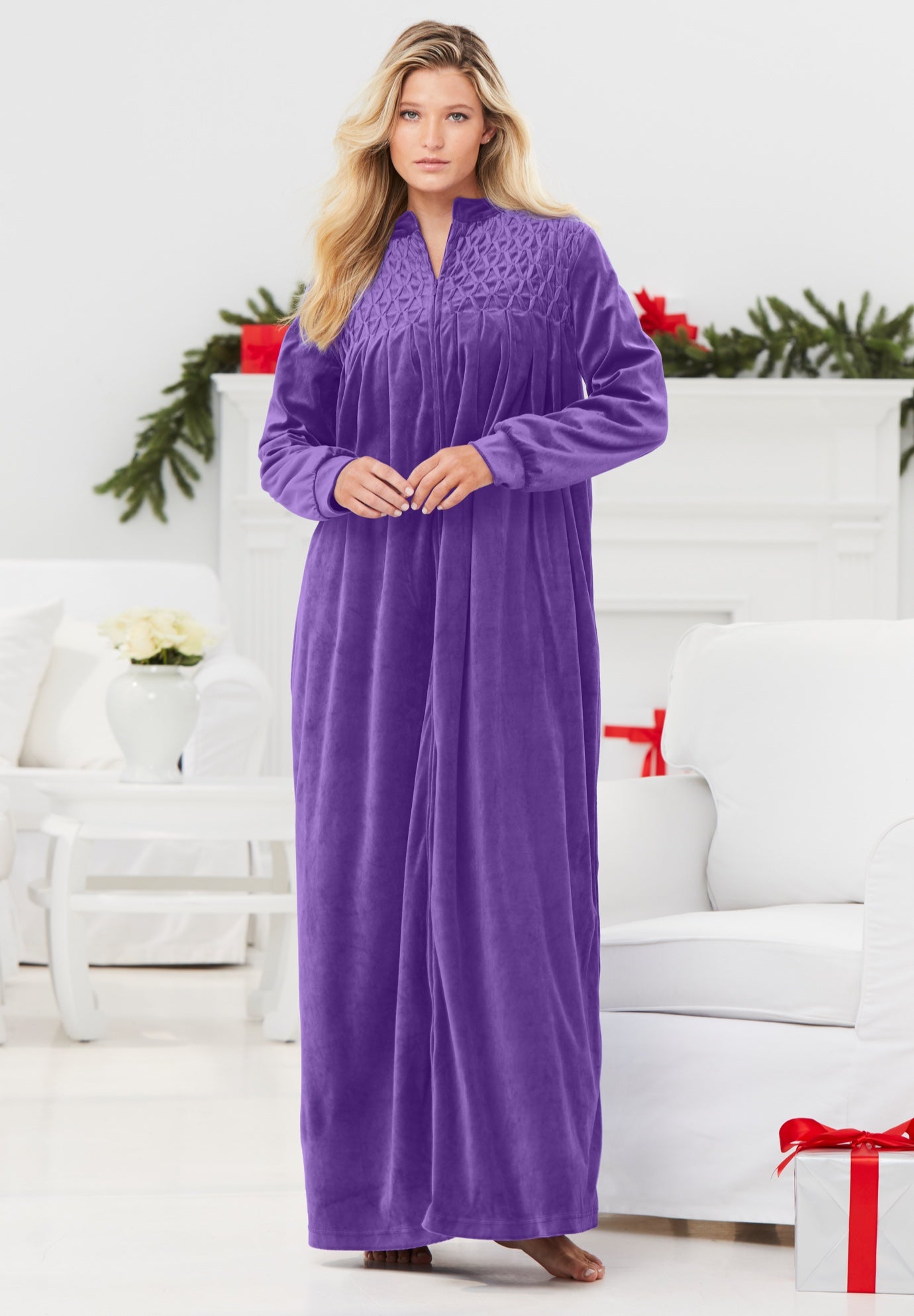 Smocked Velour Long Robe image number 0