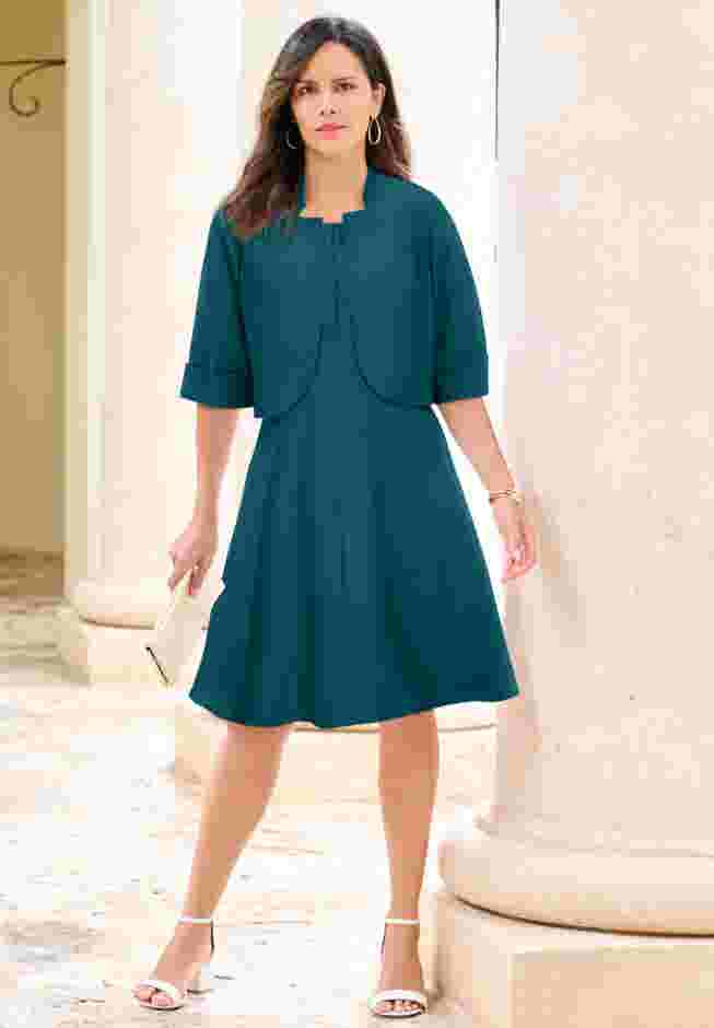 Plus Size Elbow Sleeve Fit-and-Flare Dress with Bolero Jacket – 2-Piece Suit image number 0