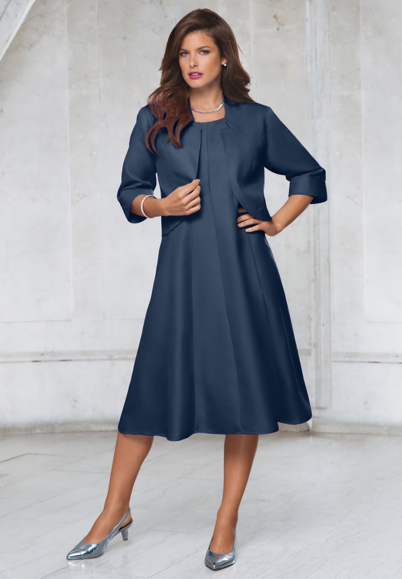 Plus Size Elbow Sleeve Fit-and-Flare Dress with Bolero Jacket – 2-Piece Suit image number 0