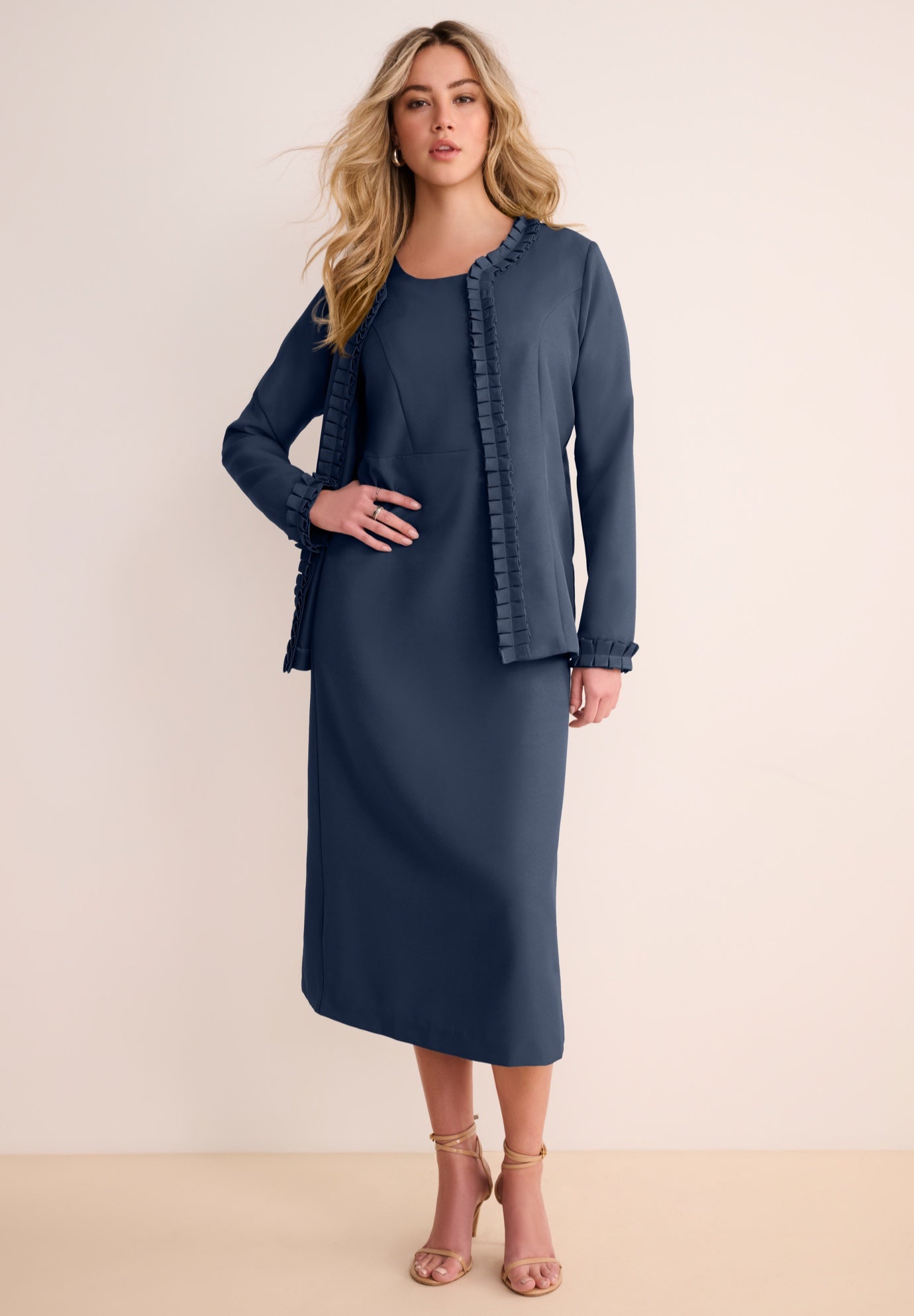 Plus Size Long Sleeve Pleated Jacket Dress Set &ndash; Elegant 2-Piece Sheath Suit image number 0