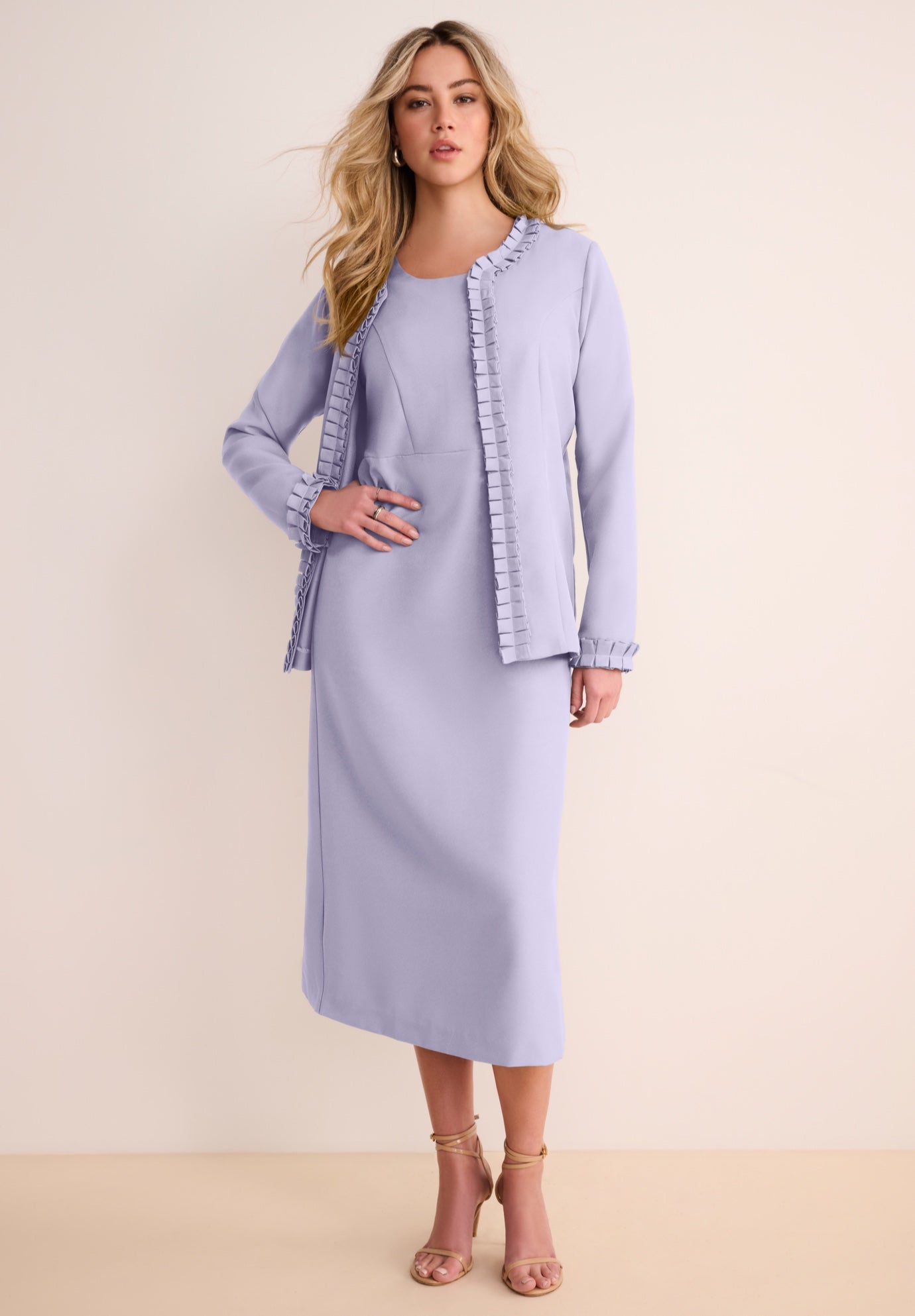 Plus Size Long Sleeve Pleated Jacket Dress Set &ndash; Elegant 2-Piece Sheath Suit image number 0