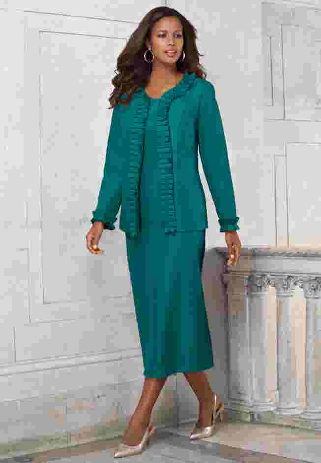 Plus Size Long Sleeve Pleated Jacket Dress Set – Elegant 2-Piece Sheath Suit image number 0