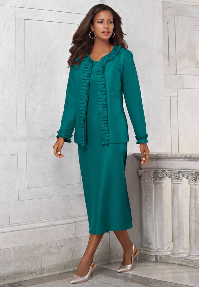 Plus Size Long Sleeve Pleated Jacket Dress Set – Elegant 2-Piece Sheath Suit image number 0