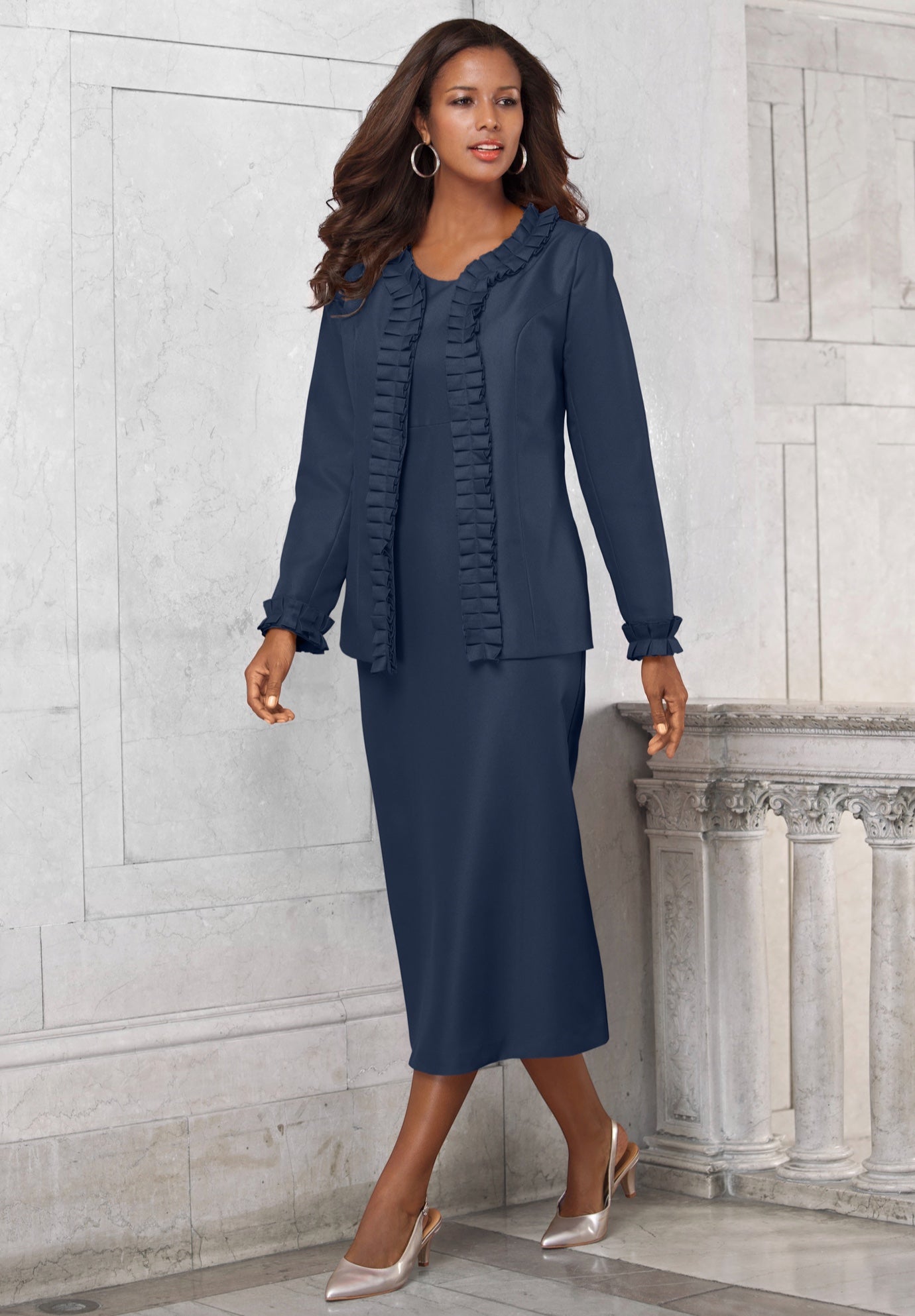 Plus Size Long Sleeve Pleated Jacket Dress Set – Elegant 2-Piece Sheath Suit image number 0