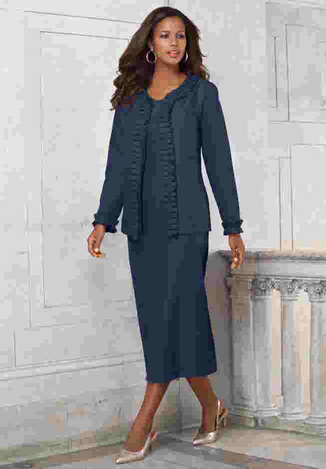 Plus Size Long Sleeve Pleated Jacket Dress Set – Elegant 2-Piece Sheath Suit image number 0