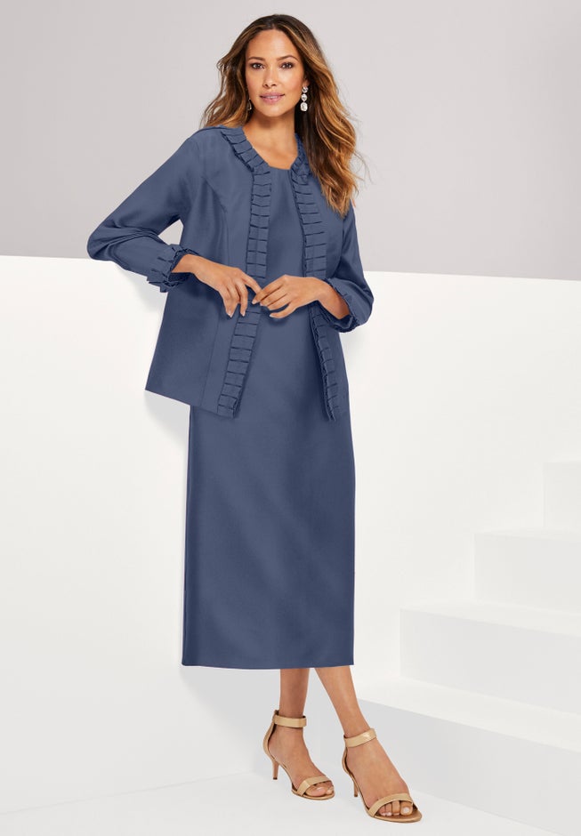 Plus Size Long Sleeve Pleated Jacket Dress Set – Elegant 2-Piece Sheath Suit image number 0