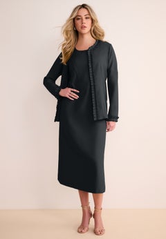 Plus Size Long Sleeve Pleated Jacket Dress Set &ndash; Elegant 2-Piece Sheath Suit