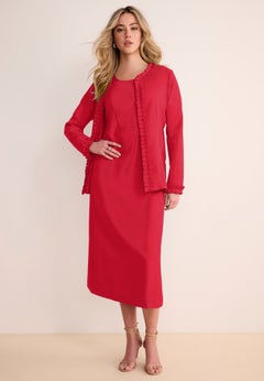 Plus Size Long Sleeve Pleated Jacket Dress Set &ndash; Elegant 2-Piece Sheath Suit