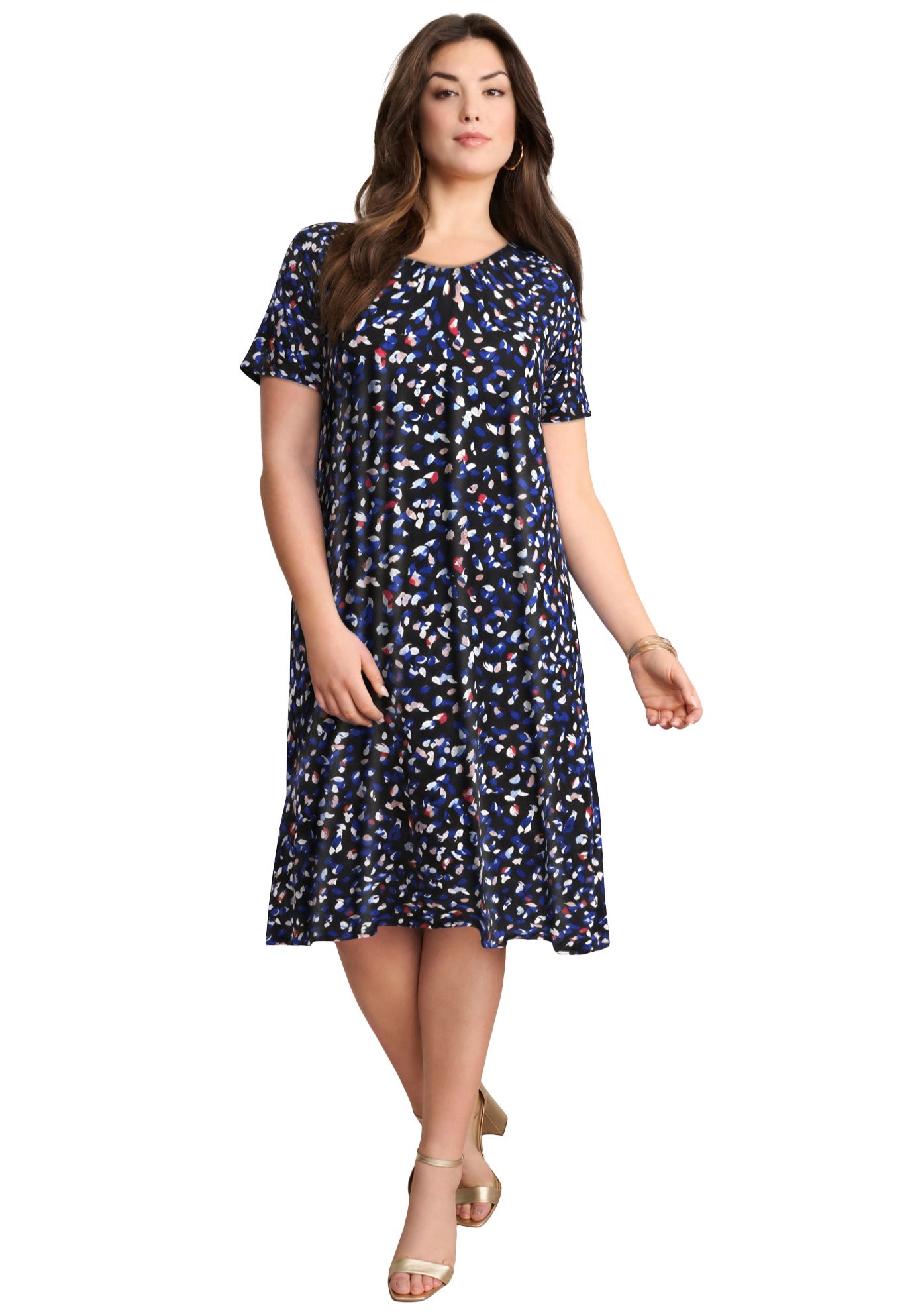 Stretch Knit Short Sleeve Swing Dress with Pockets image number 1