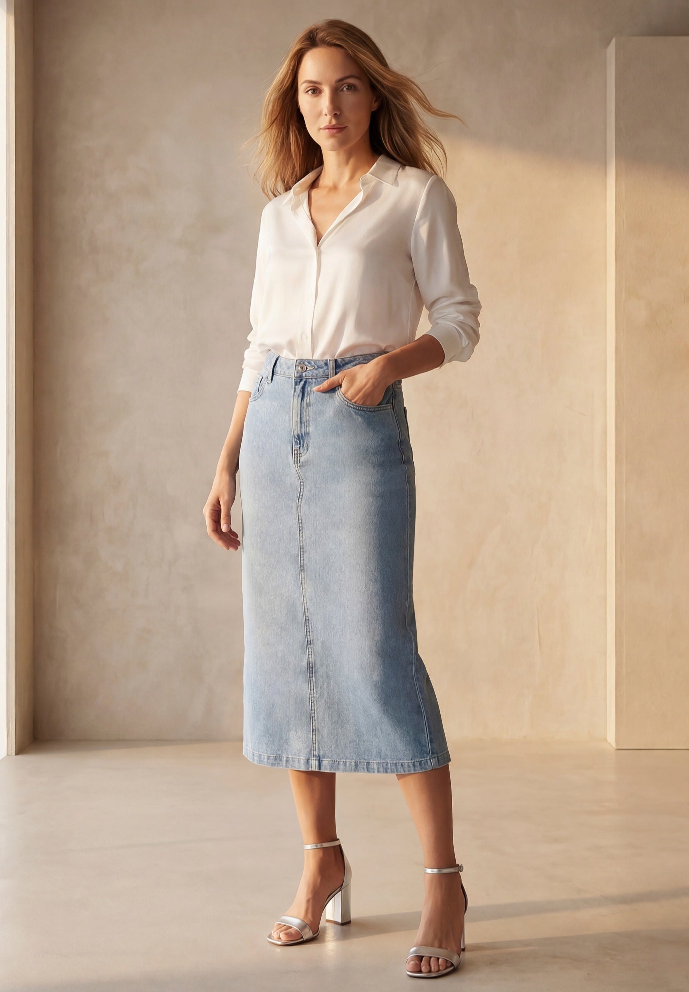 Classic Cotton Denim Midi Skirt image number 0