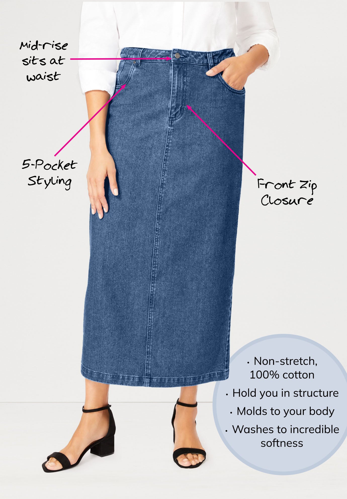 Classic Cotton Denim Midi Skirt image number 1