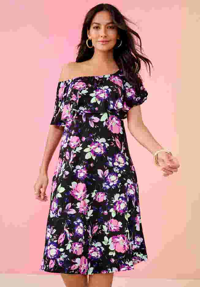 Plus Size Stretch Knit Convertible Flounce Dress Roaman's