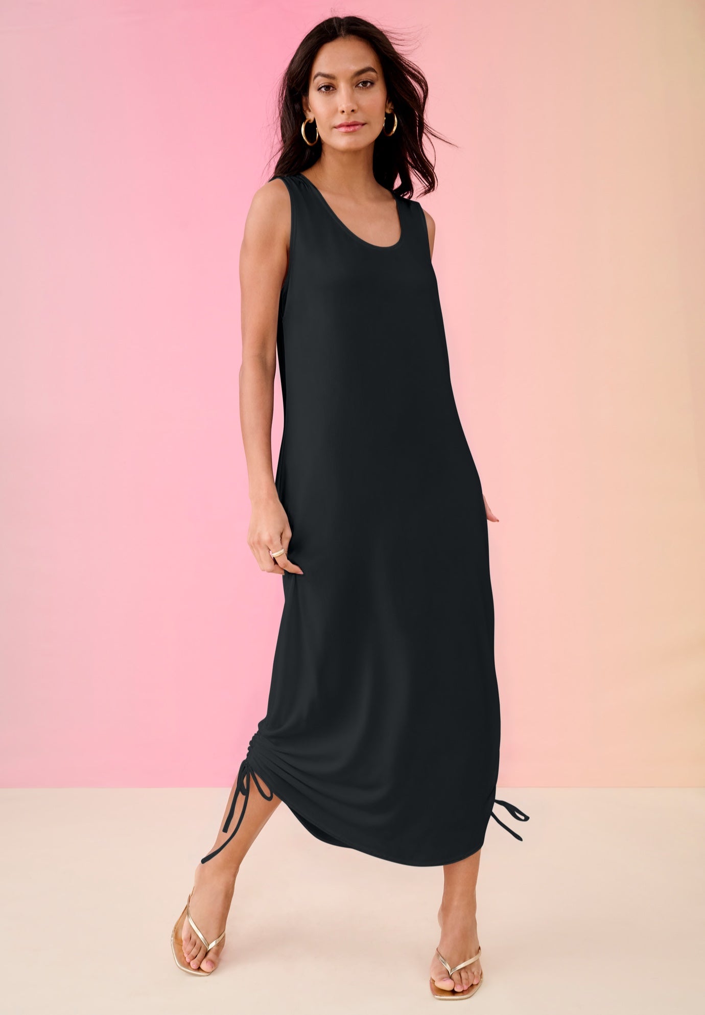 Plus Size Stretch Knit Sleeveless Midi Dress with Ruched Hem Detail image number 0