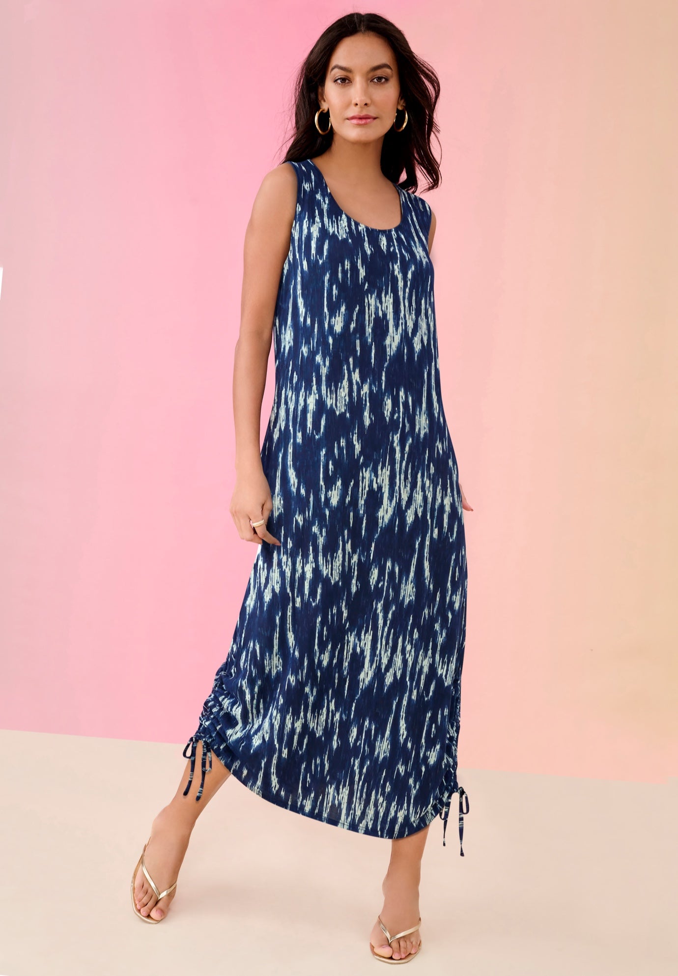 Plus Size Stretch Knit Sleeveless Midi Dress with Ruched Hem Detail image number 0