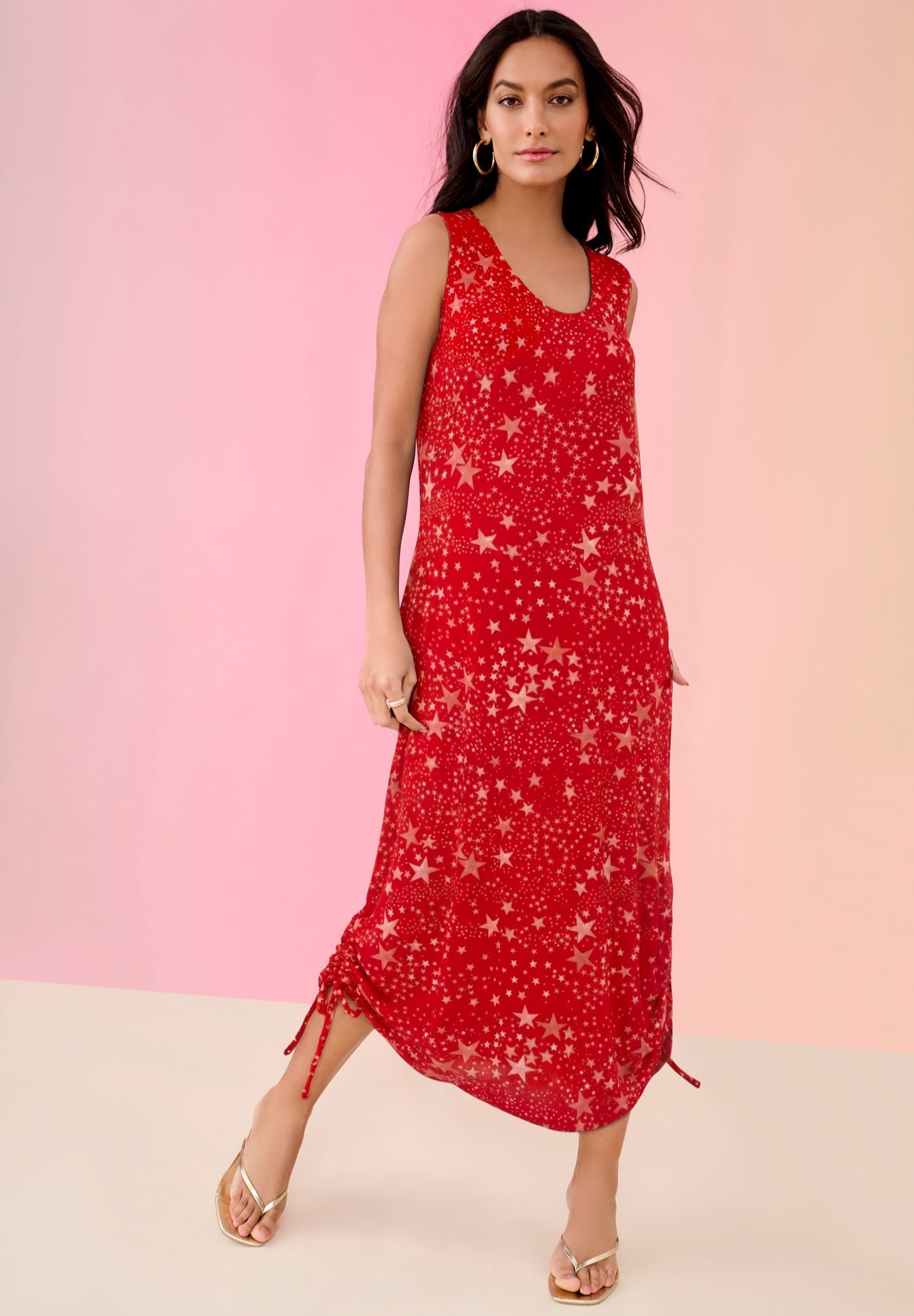 Plus Size Stretch Knit Sleeveless Midi Dress with Ruched Hem Detail image number 0