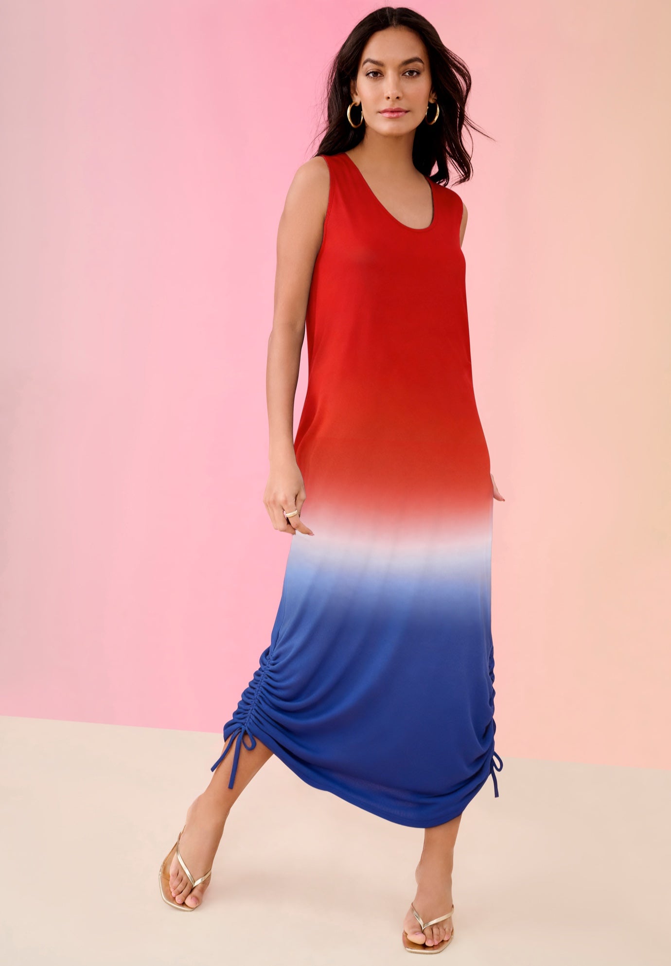 Plus Size Stretch Knit Sleeveless Midi Dress with Ruched Hem Detail image number 0