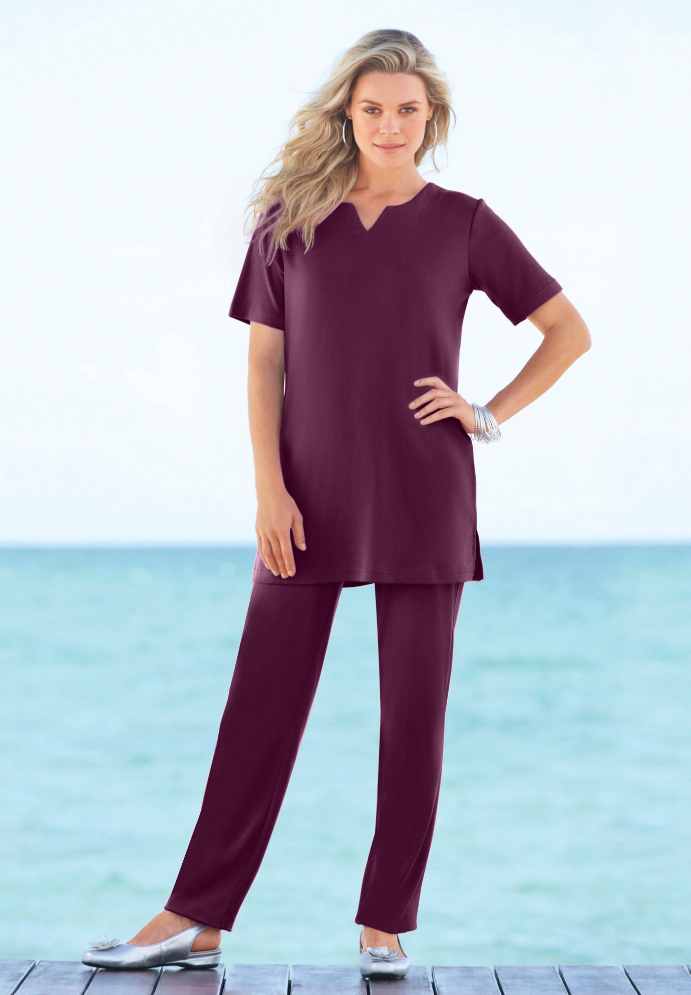 Plus Size Soft Knit Tunic with Notch Neckline image number 0