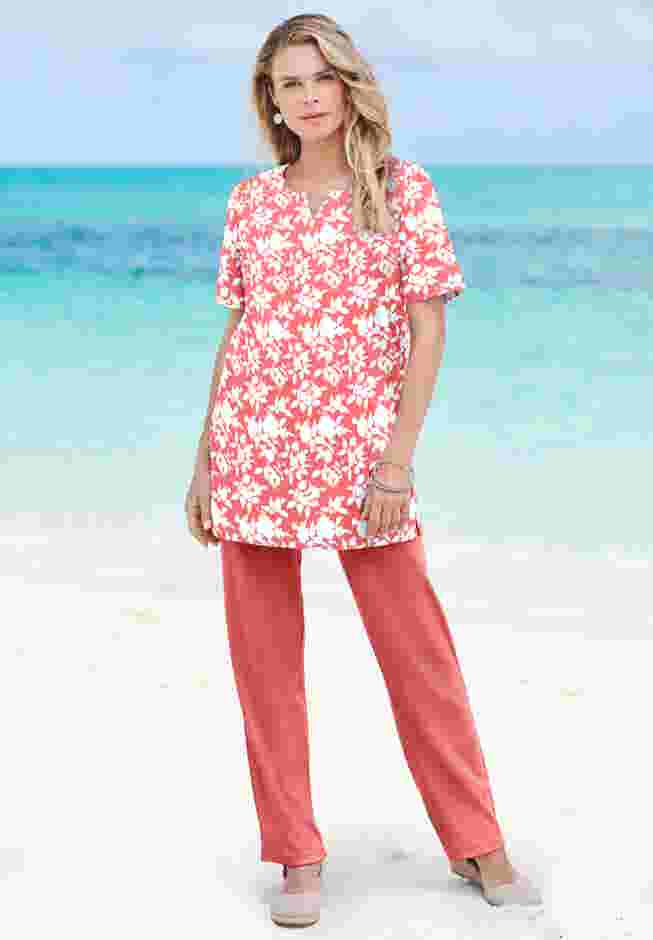 Plus Size Soft Knit Print Tunic with Notch Neckline image number 0