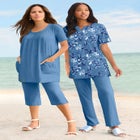 Plus Size Soft Knit Print Tunic with Notch Neckline image number null