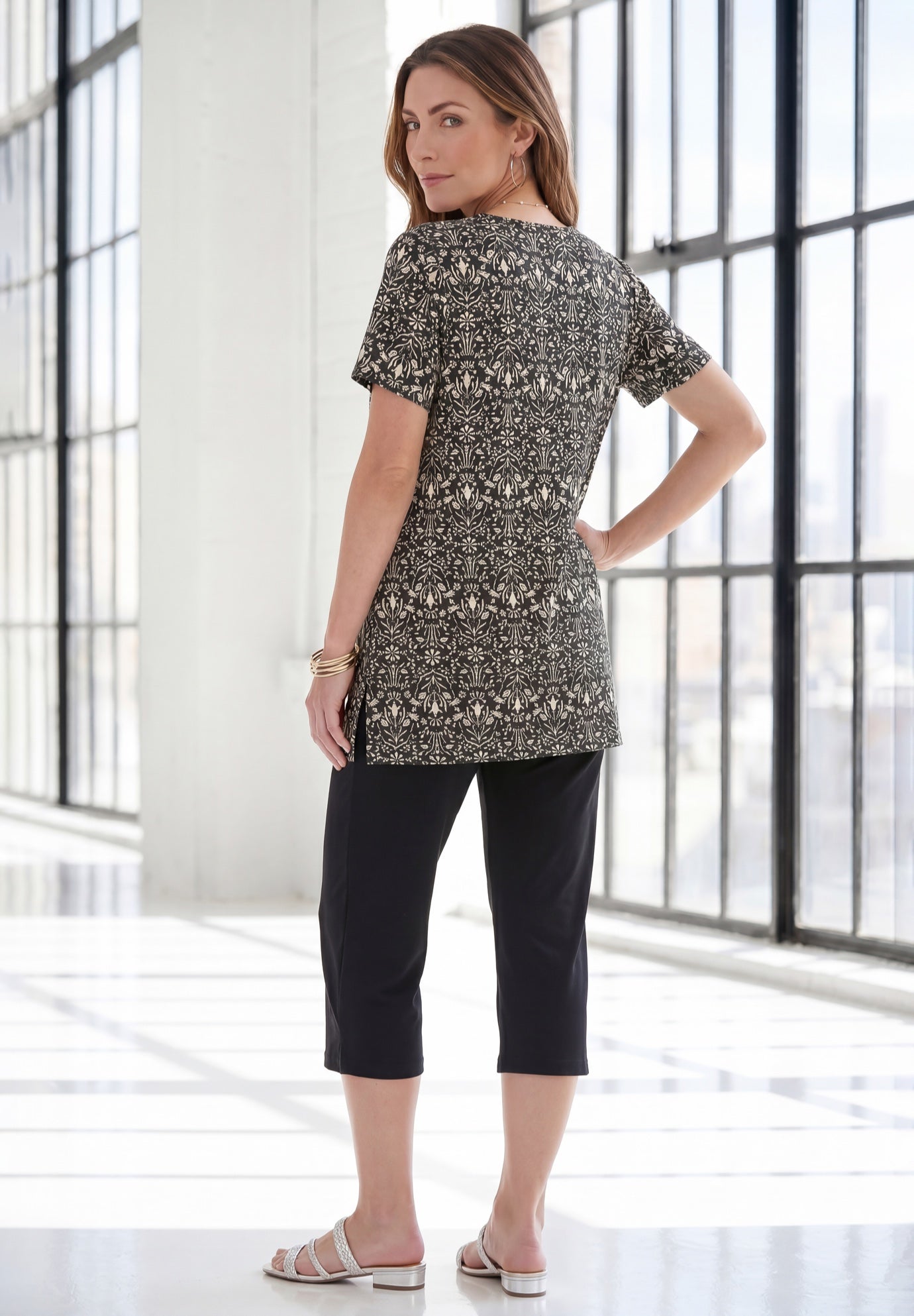 Plus Size Soft Knit Print Tunic with Notch Neckline image number 1