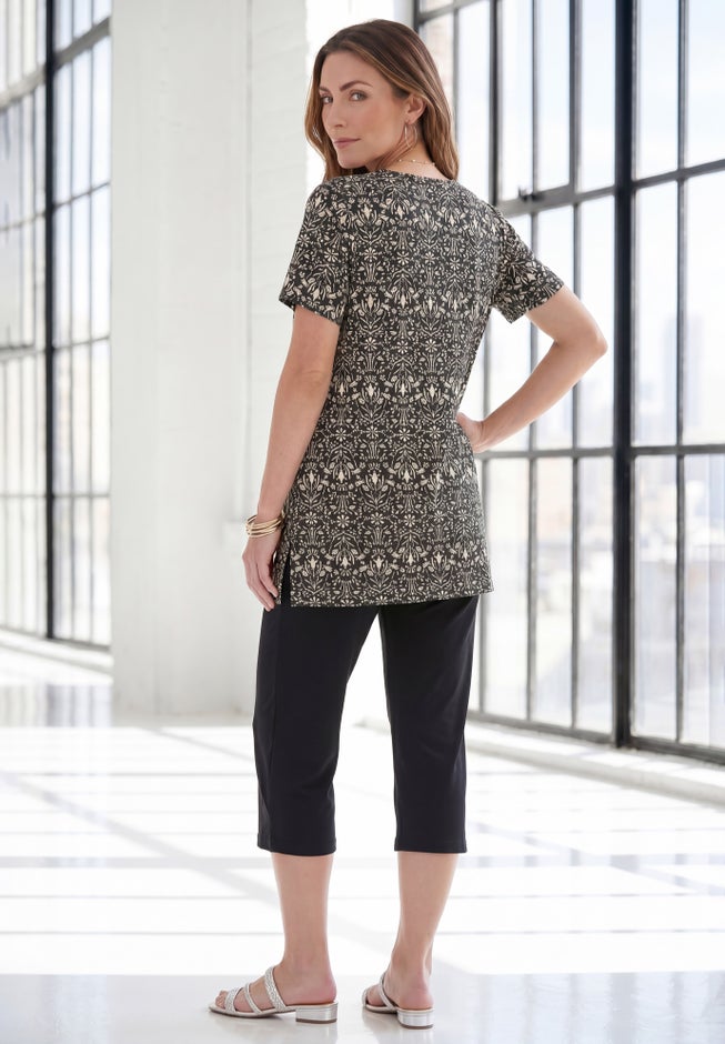 Plus Size Soft Knit Print Tunic with Notch Neckline image number 1