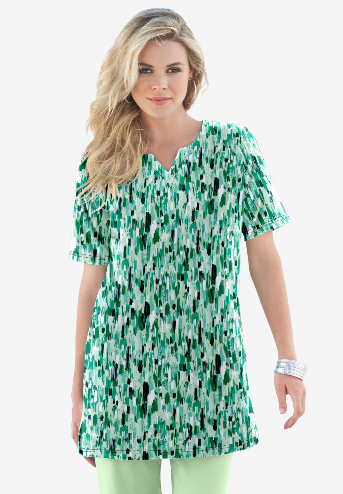 Plus Size Soft Knit Print Tunic with Notch Neckline image number 0