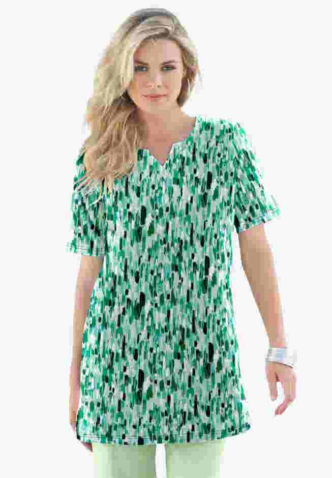 Plus Size Soft Knit Print Tunic with Notch Neckline image number 0