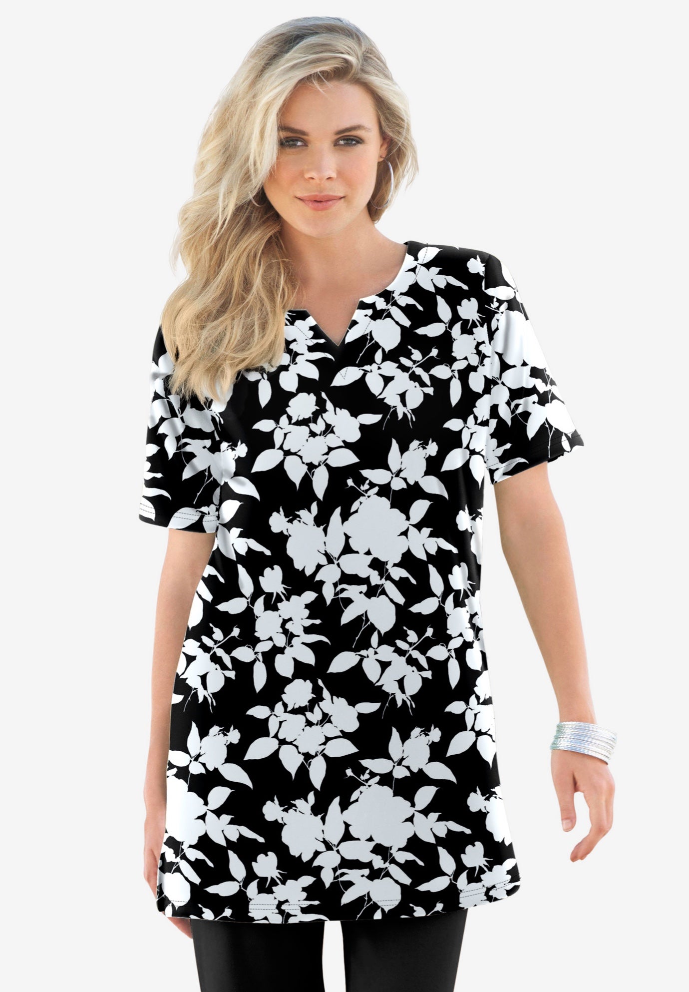 Plus Size Soft Knit Print Tunic with Notch Neckline image number 0