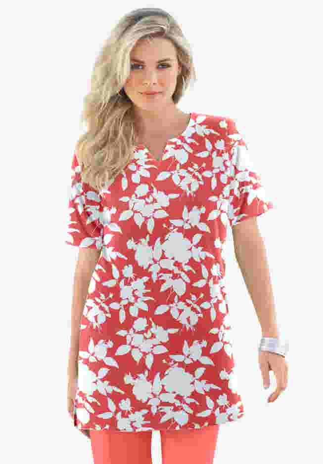 Plus Size Soft Knit Print Tunic with Notch Neckline image number 1