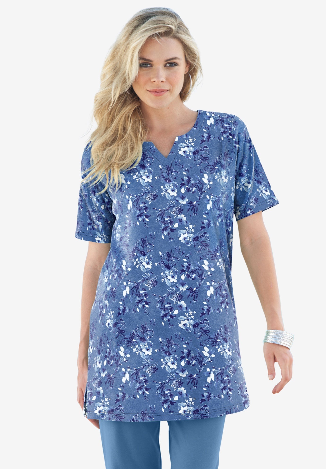 Plus Size Soft Knit Print Tunic with Notch Neckline image number 1