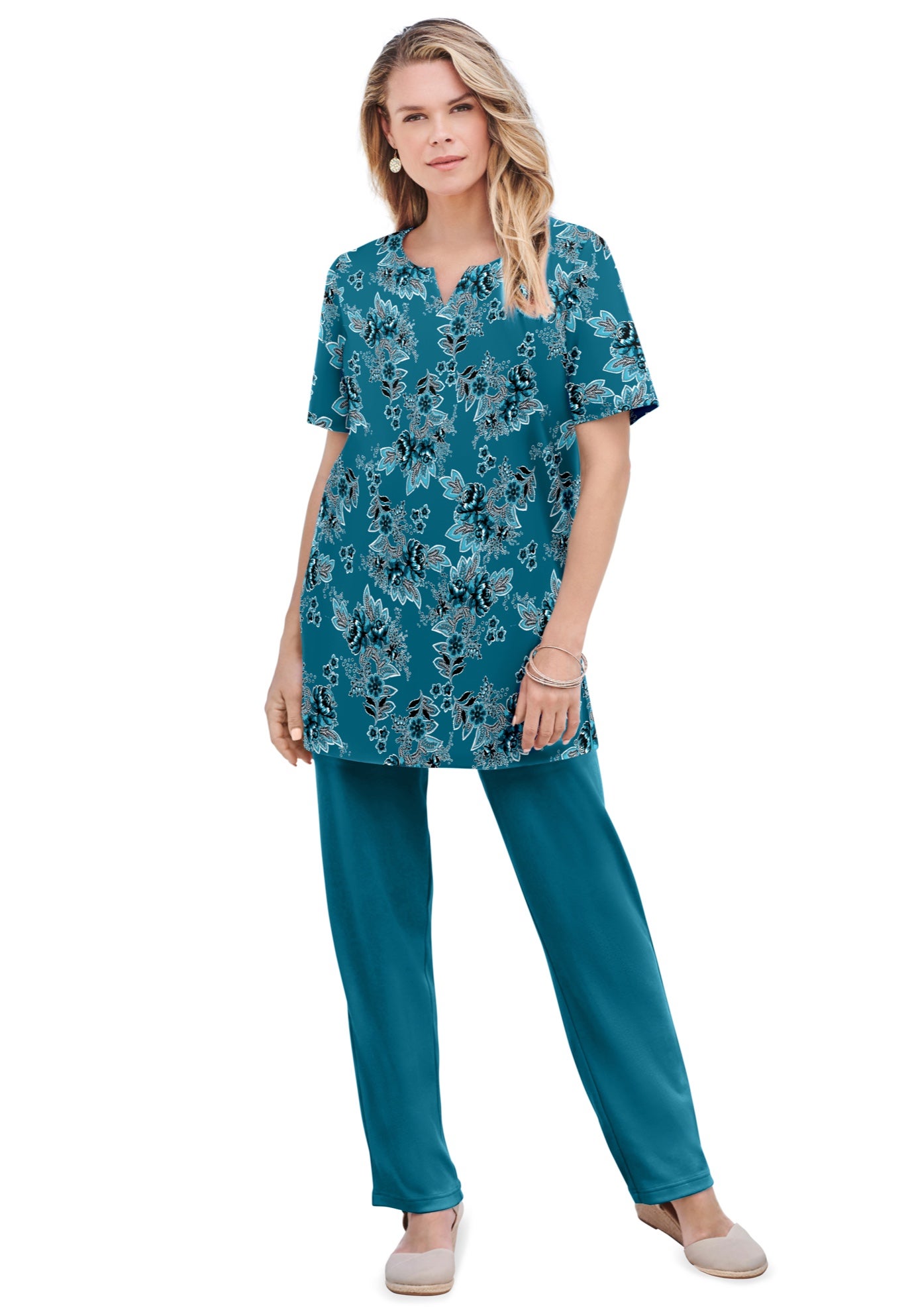 Plus Size Soft Knit Print Tunic with Notch Neckline image number 0