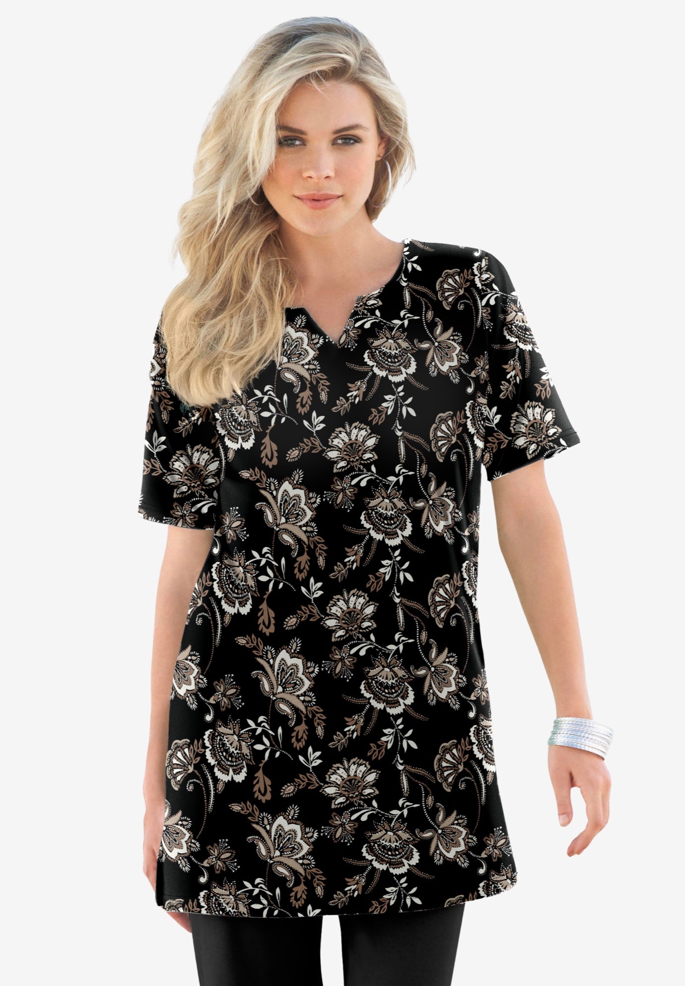 Plus Size Soft Knit Print Tunic with Notch Neckline image number 0