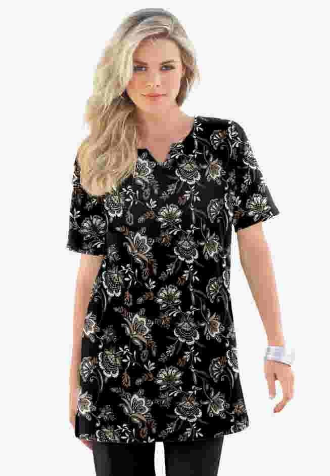 Plus Size Soft Knit Print Tunic with Notch Neckline image number 0