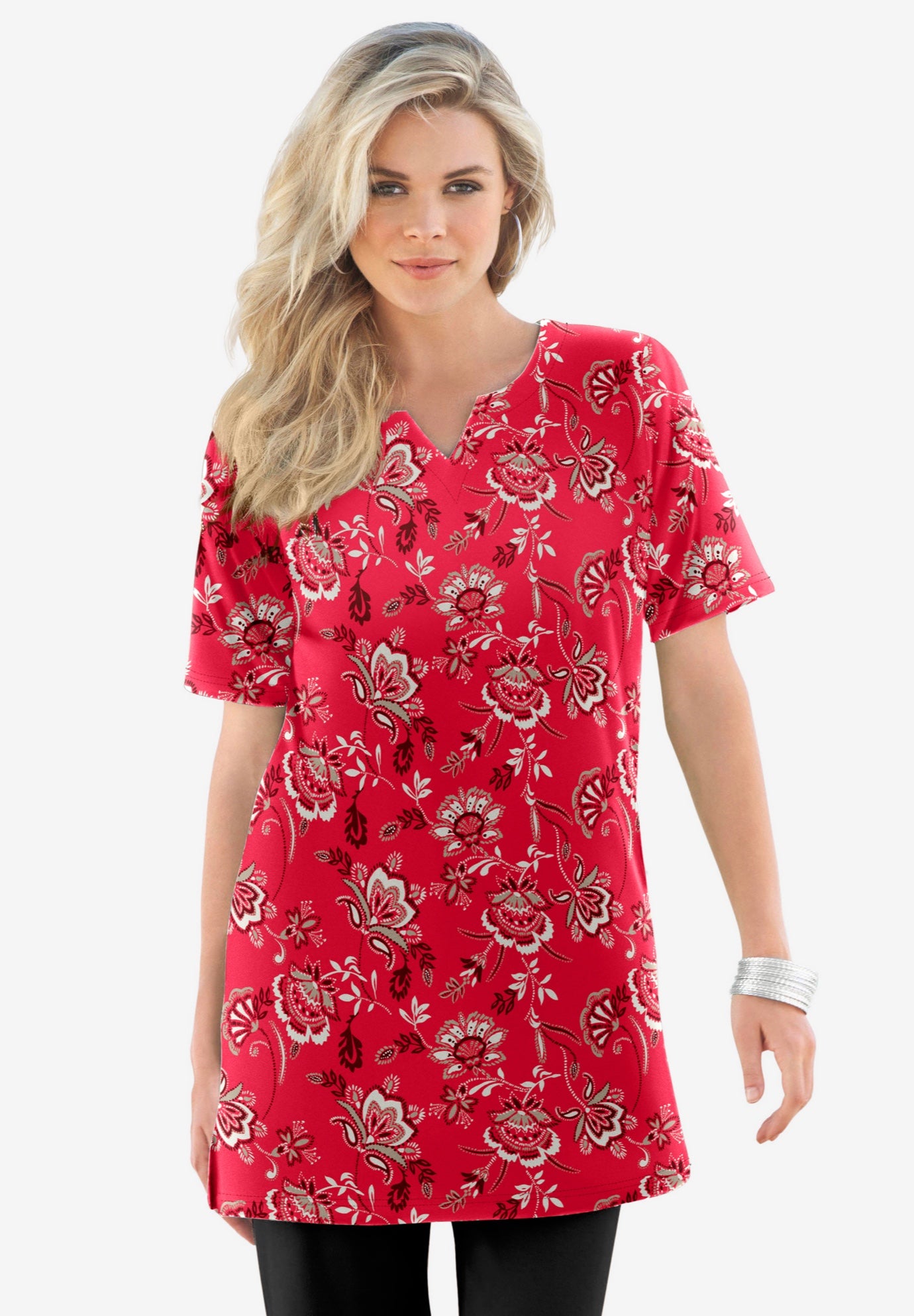 Plus Size Soft Knit Print Tunic with Notch Neckline image number 0