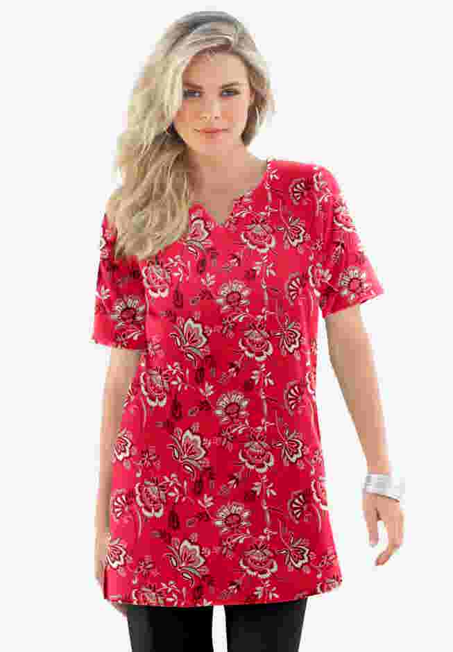 Plus Size Soft Knit Print Tunic with Notch Neckline image number 0