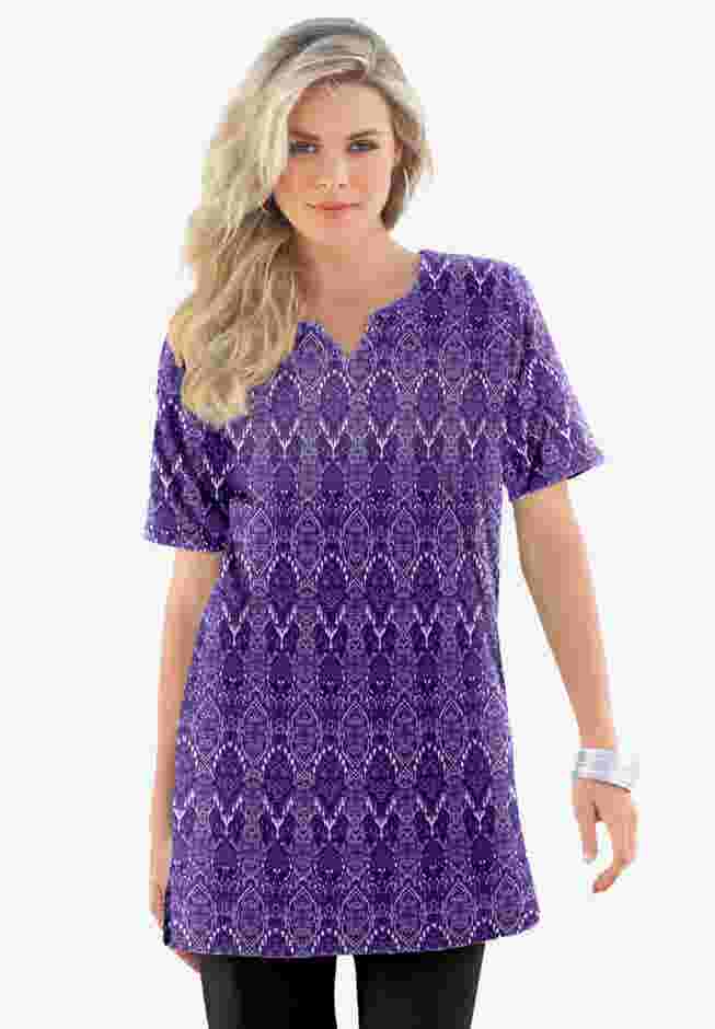 Plus Size Soft Knit Print Tunic with Notch Neckline image number 0