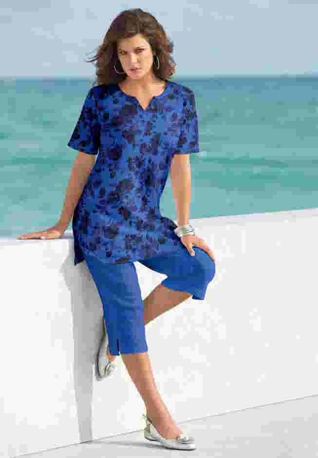 Plus Size Soft Knit Print Tunic with Notch Neckline image number 0