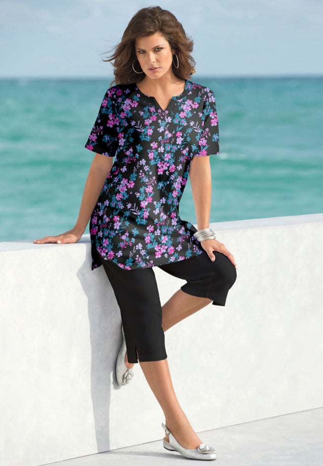 Plus Size Soft Knit Print Tunic with Notch Neckline image number 0
