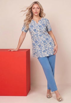 Plus Size Soft Knit Print Tunic with Notch Neckline