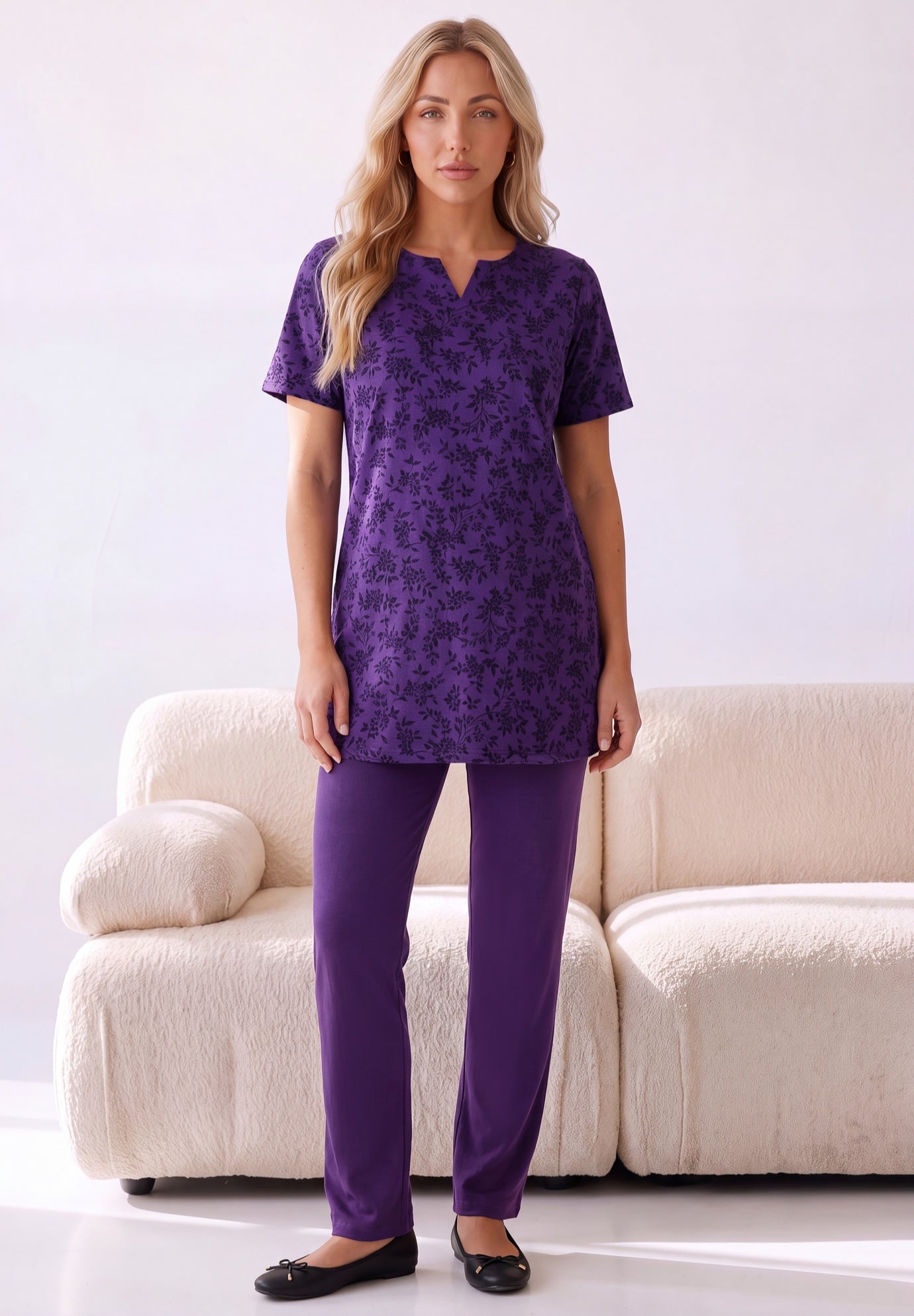 Plus Size Soft Knit Print Tunic with Notch Neckline image number 0