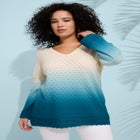Plus Size Cotton Openwork Ombre V-Neck Pullover Sweater image number null