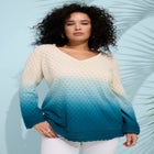 Plus Size Cotton Openwork Ombre V-Neck Pullover Sweater image number null