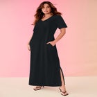 Plus Size Stretch Knit Short Sleeve Maxi Dress with Side Slit Detail image number null