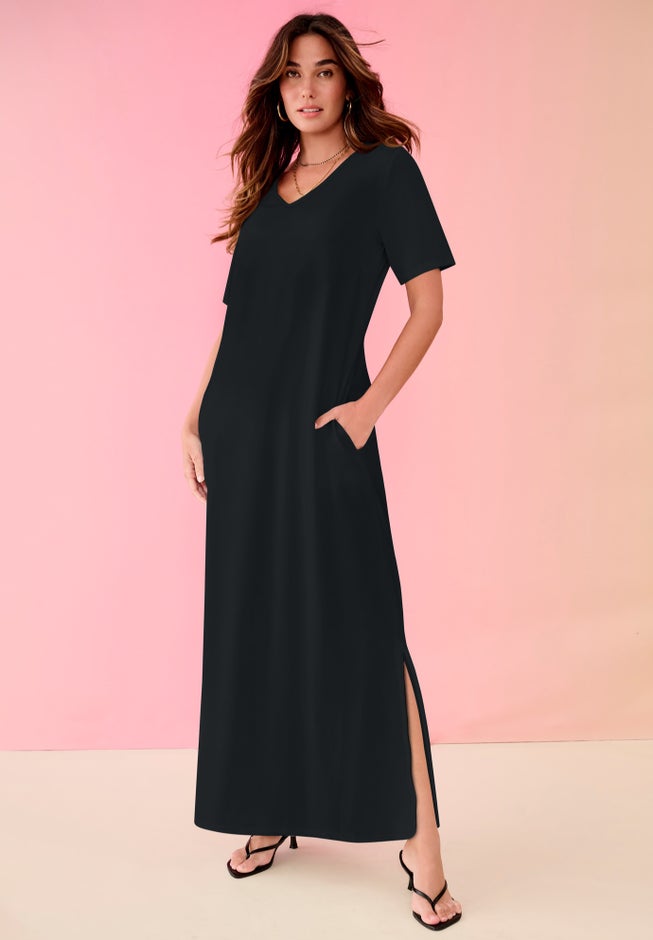 Roaman's Women's Plus Size Stretch Knit Short Sleeve Maxi Dress With Side Slit Detail, Size: 18-20, Black Roaman's Women's Plus Size Stretch Knit Short Sleeve Maxi Dress With Side Slit Detail, Size: 18-20, Black