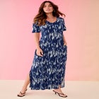 Plus Size Stretch Knit Short Sleeve Maxi Dress with Side Slit Detail image number null